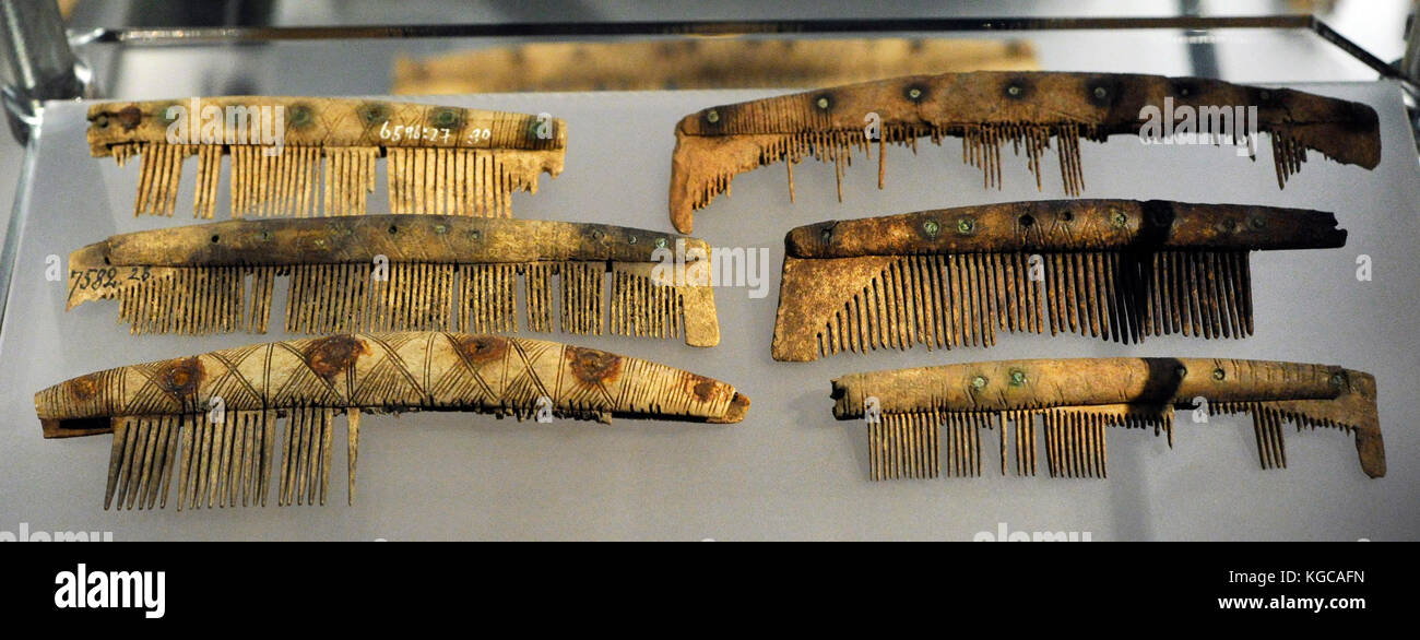 Tin and bronze combs. Viking era. From Uppland and Gotland. Historical Museum. Stockholm. Sweden. Stock Photo