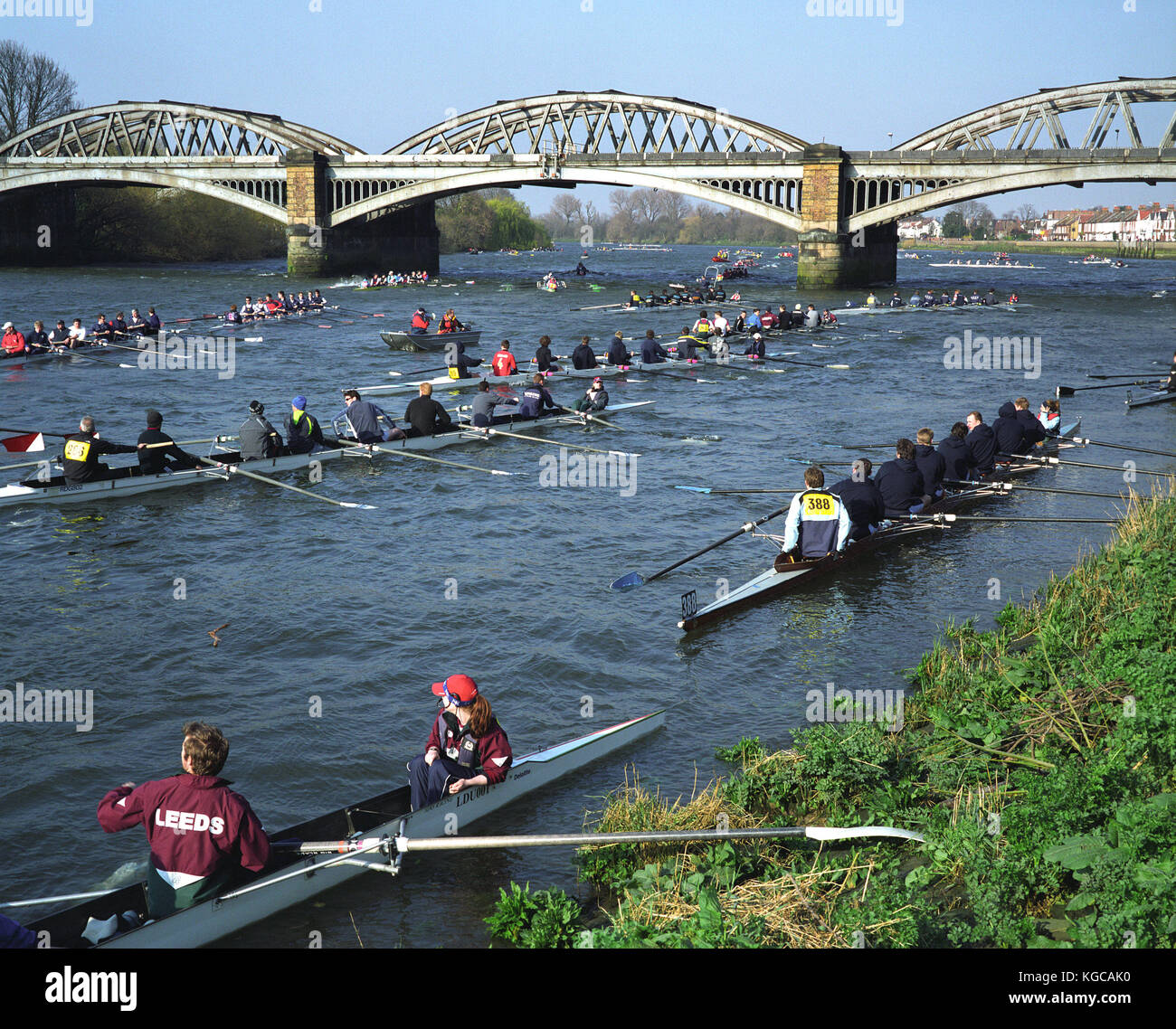 The annual Head of the River Race on the River Thames was cancelled half way through the event due to high winds and heavy waters. The first race was  Stock Photo