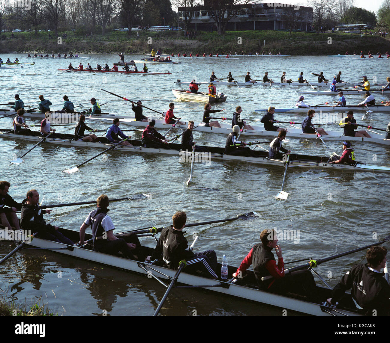 The annual Head of the River Race on the River Thames was cancelled half way through the event due to high winds and heavy waters. The first race was  Stock Photo