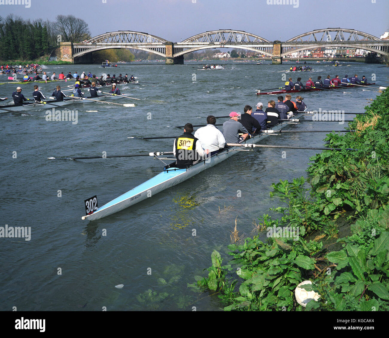 The annual Head of the River Race on the River Thames was cancelled half way through the event due to high winds and heavy waters. The first race was  Stock Photo