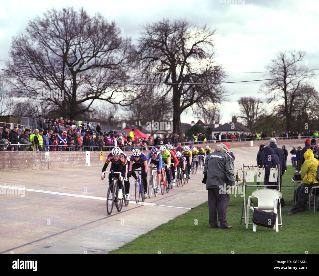 Cyclists take part in the traditional Good Friday Meeting at the famous Herne Hill Velodrome. The first Good Friday Track Meeting, organised by the So Stock Photo