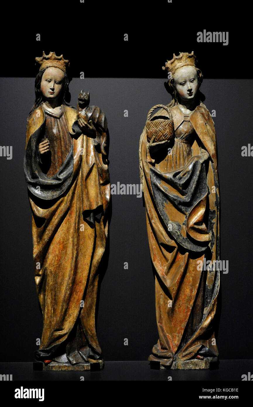 Saint Margaret and Saint Doroty, ca. 1500. Carved in polychrome wood. Belk, Poland. Silesian Museum. Katowice. Poland. Stock Photo