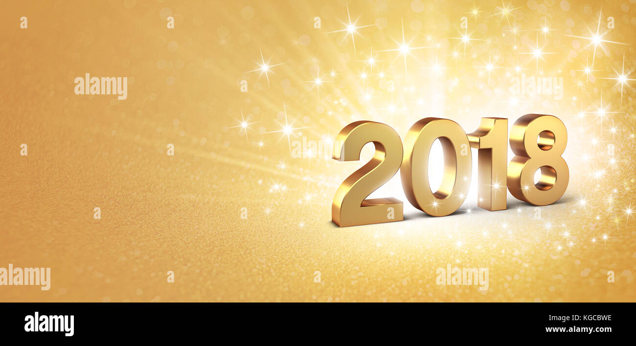 Gold 2018 typescript date on a golden glittering background - 3D illustration Stock Photo