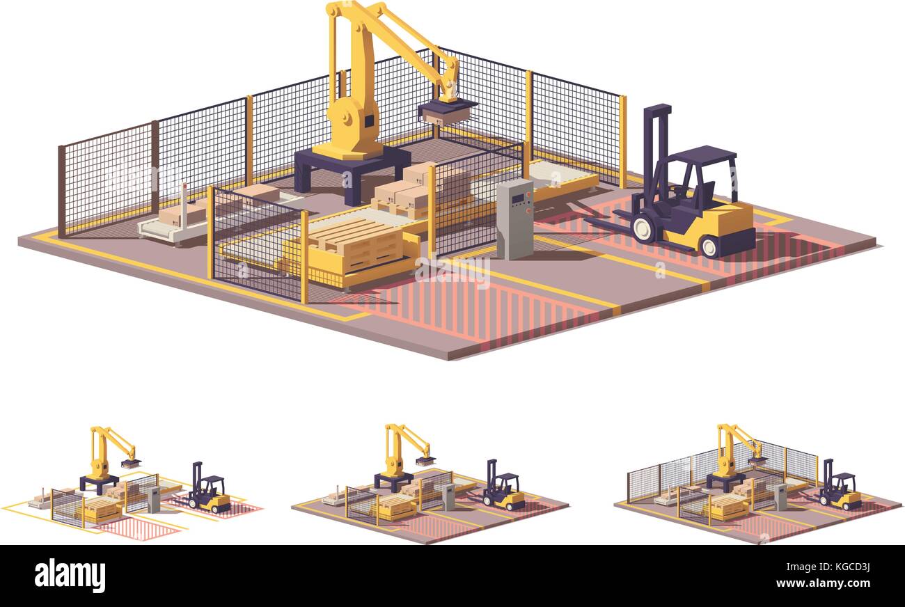 Vector low poly robotic palletizing cell Stock Vector