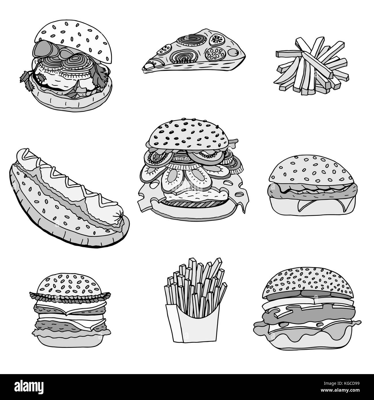 Hand-drawn set of sketchy fast food illustrations, burgers, hot dogs, French fries and pizza. Vector illustration, isolated on white Stock Vector