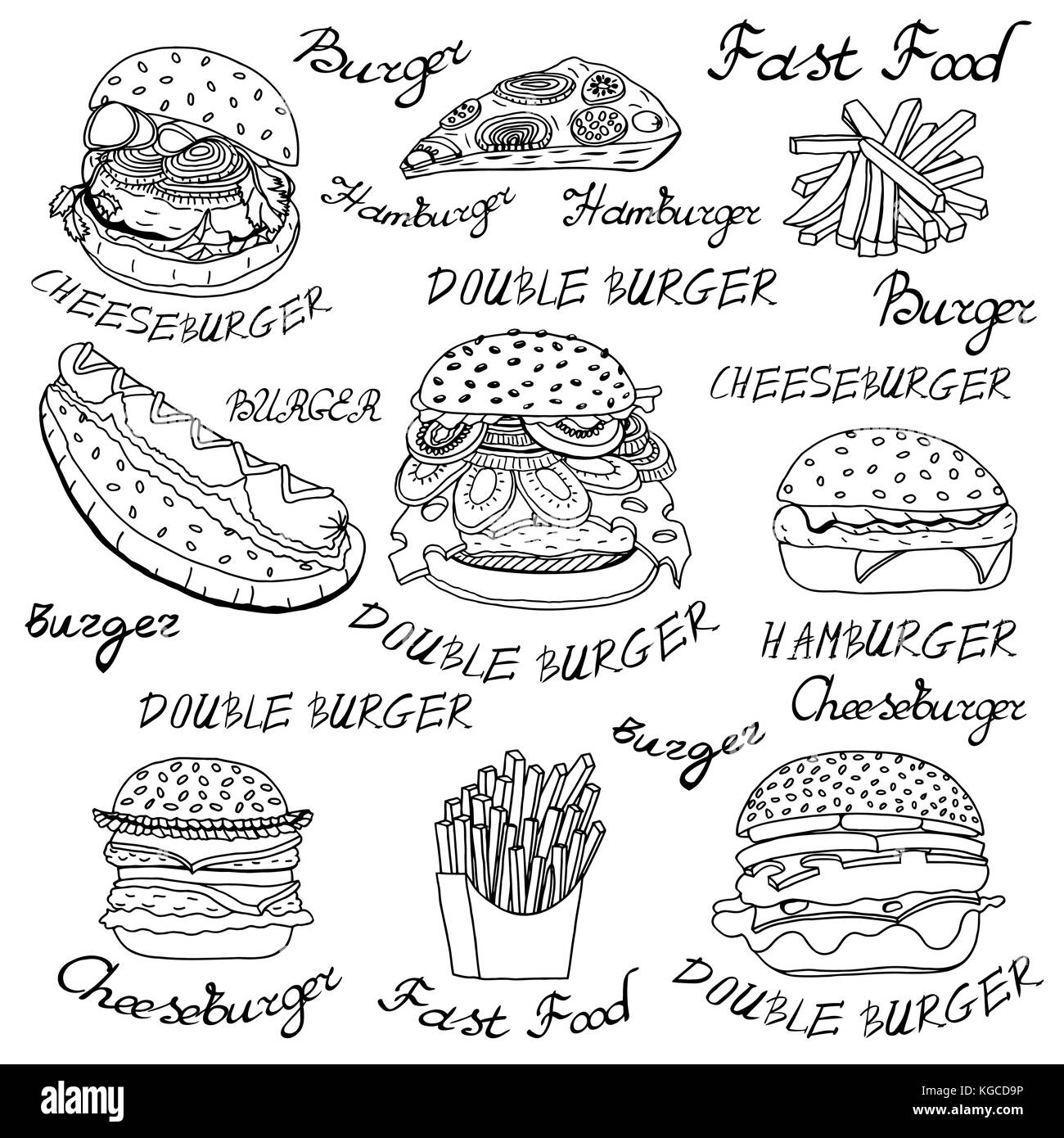 Hand-drawn set of sketchy fast food illustrations, burgers, hot dogs, French fries and pizza. Vector illustration, isolated on white Stock Vector