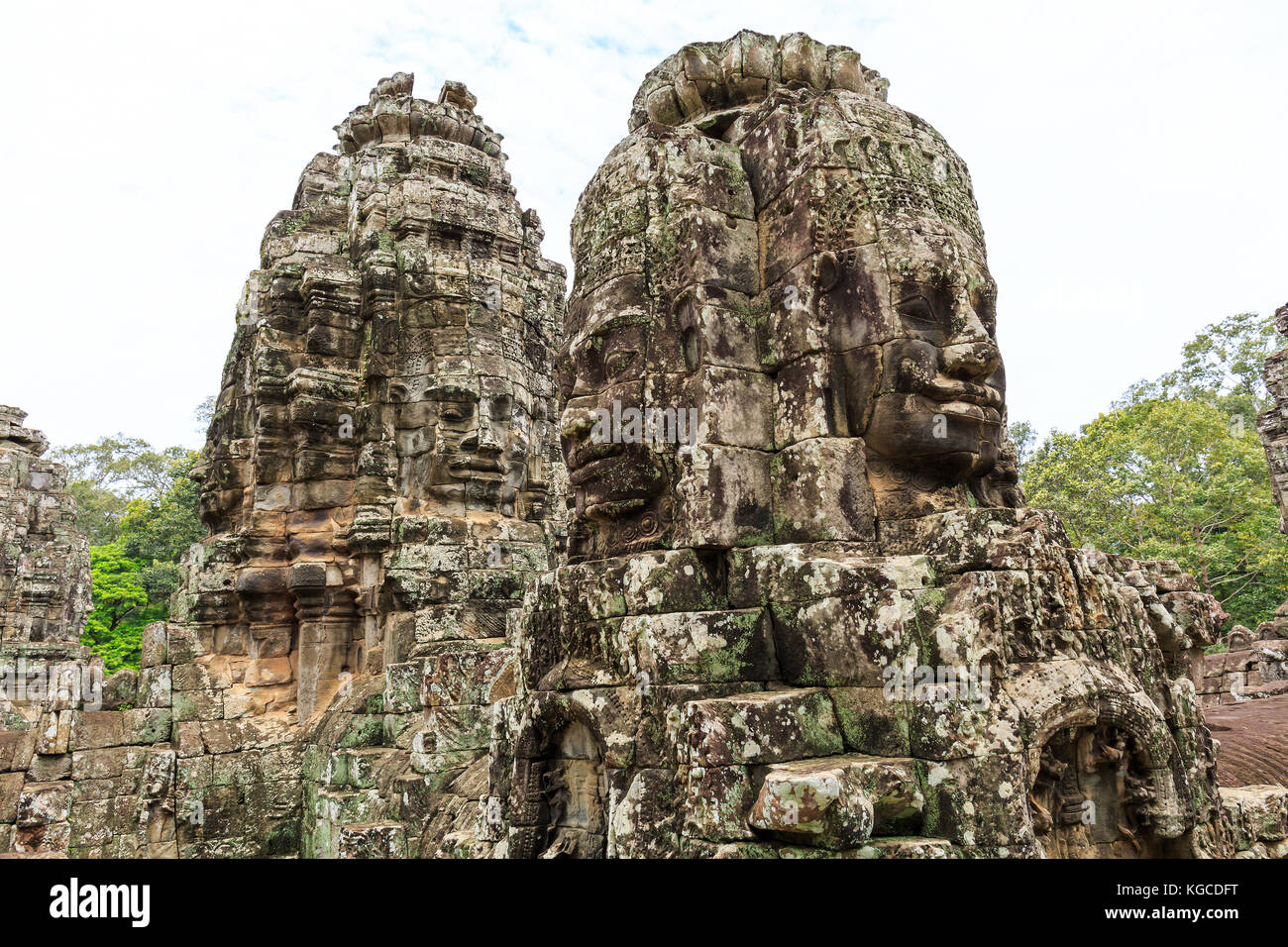 Bayon Temple in Angkor Thom Area of Cambodia. Stock Photo