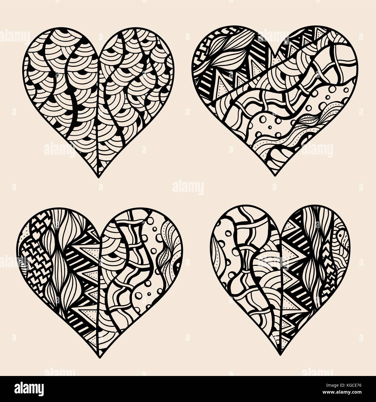 Hand drawn set of black heart icons on a checkered paper background ...
