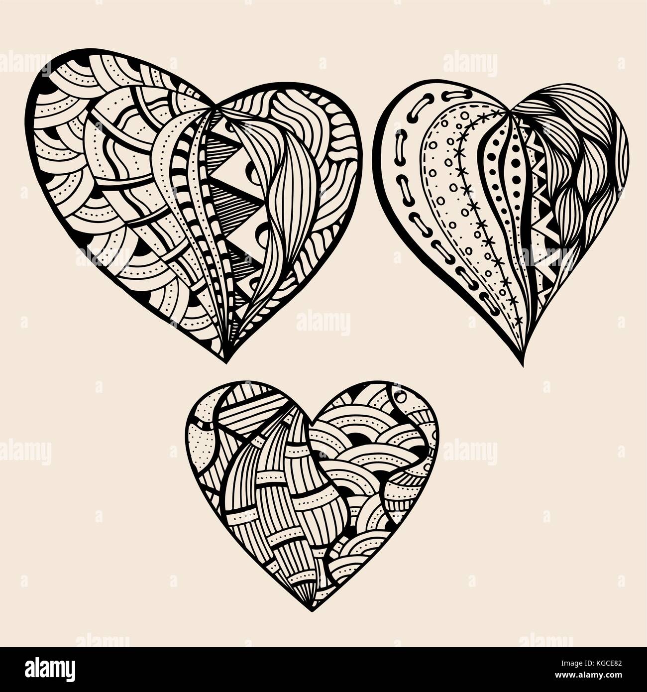 Hand drawn set of black heart icons on a checkered paper background ...