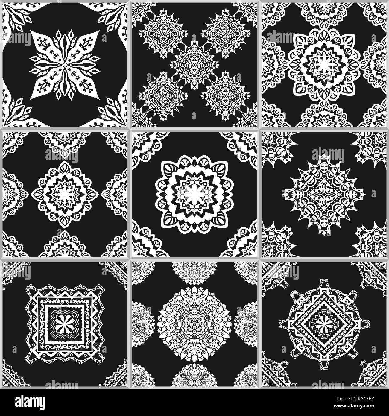 Black and white geometric tiles seamless patterns set, vector Stock