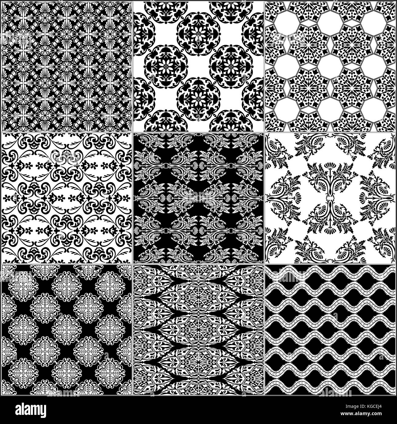 Black and white geometric tiles seamless patterns set, vector Stock ...
