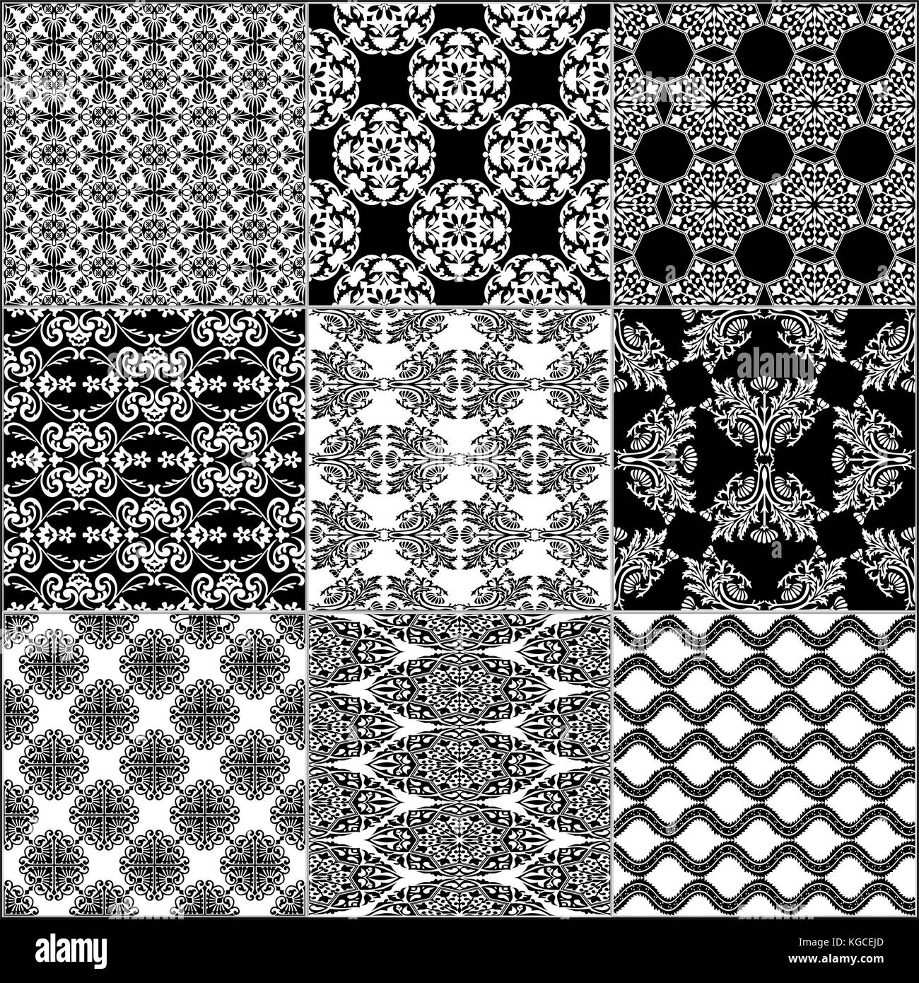 Black and white geometric tiles seamless patterns set, vector Stock ...