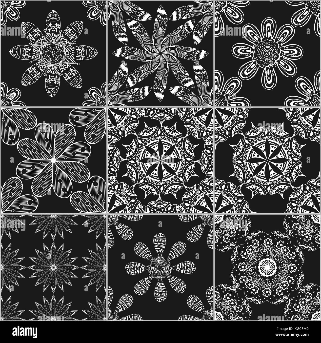 Black and white geometric tiles seamless patterns set, vector Stock ...