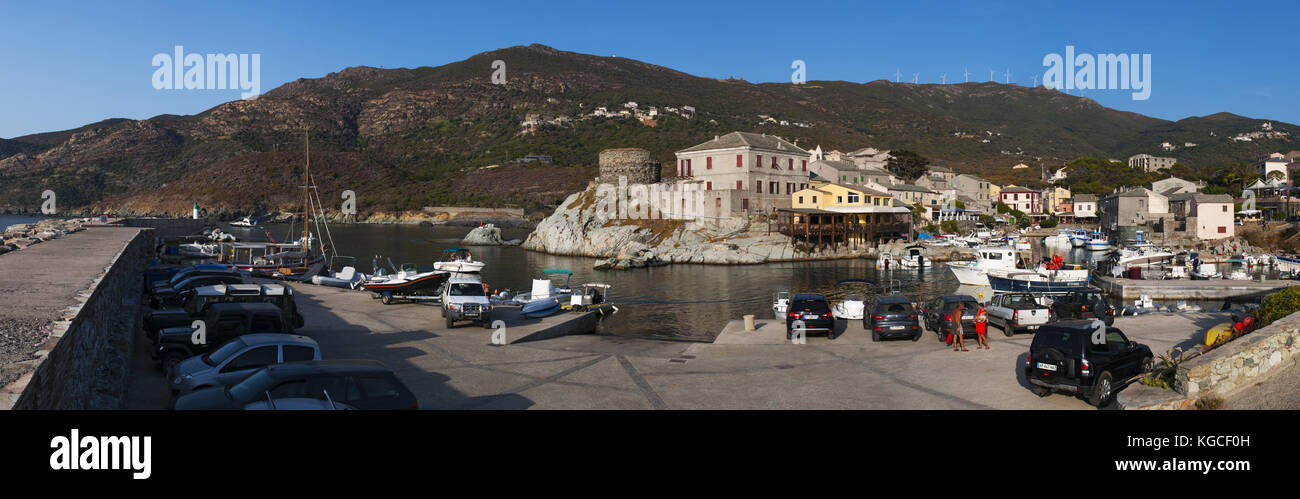 Corsica: panoramic view of the skyline of Centuri Port, the little harbour town on the Cap Corse peninsula, on the western side of Cap Corse Stock Photo