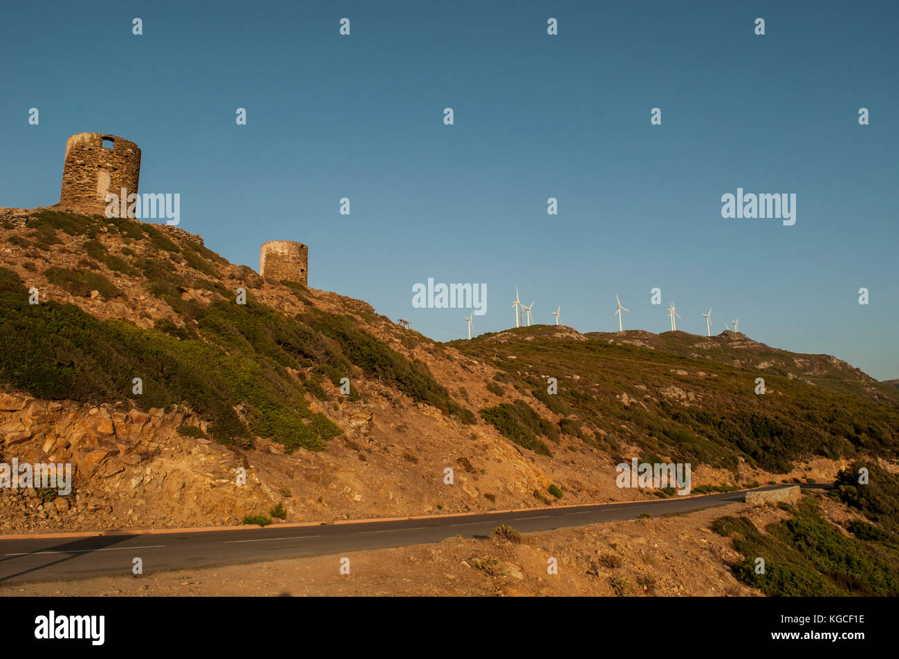 Corsica: sunset on the ruined Genoese Towers (16th century) at the northwestern end of Cap Corse, on the road between Botticella (Ersa) and Centuri Stock Photo