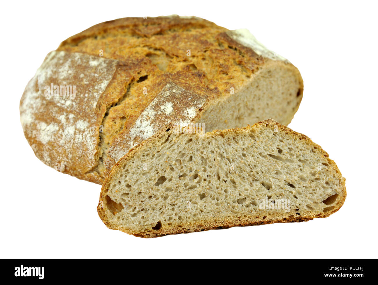 Crusty homemade artisan round wholemeal or whole wheat sourdough bread ...