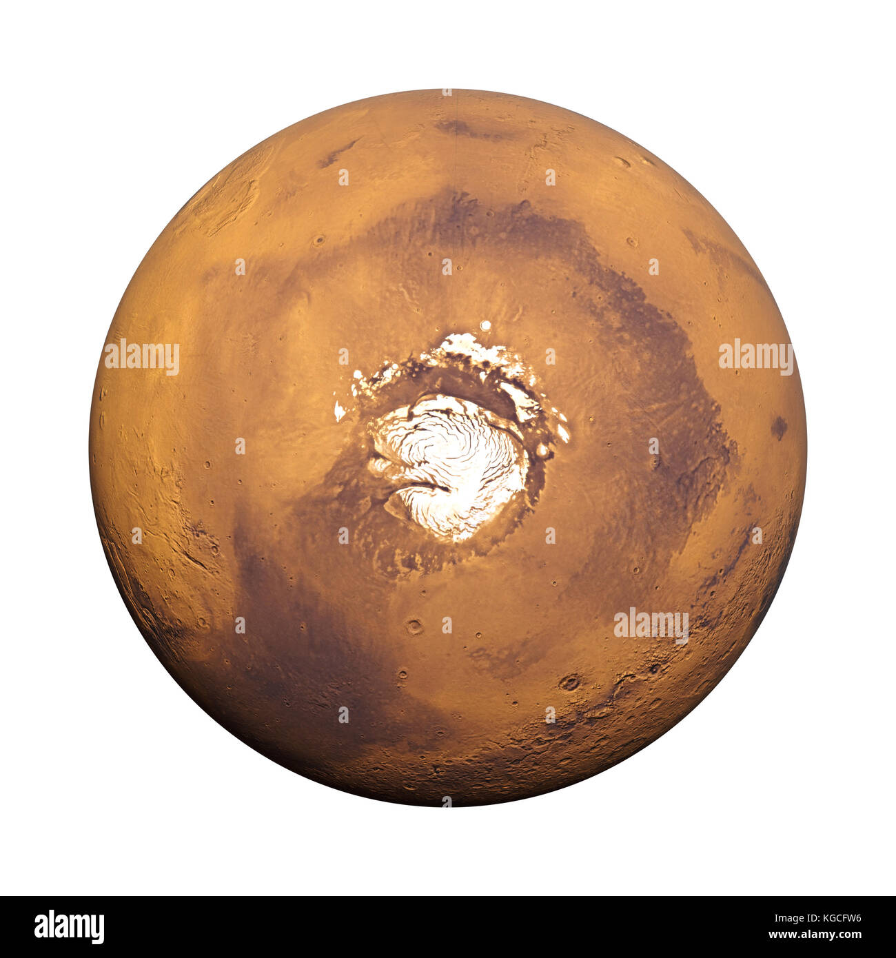 3d render, Mars in natural colors with the Red Planet's north polar ice cap, isolated on white background Stock Photo