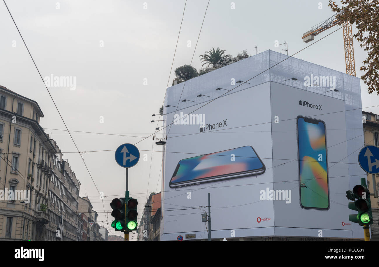 Milan, Italy - November 3rd, 2017: Giant billboard for Apple's iphone X which was released in Italy in November 2017 Stock Photo