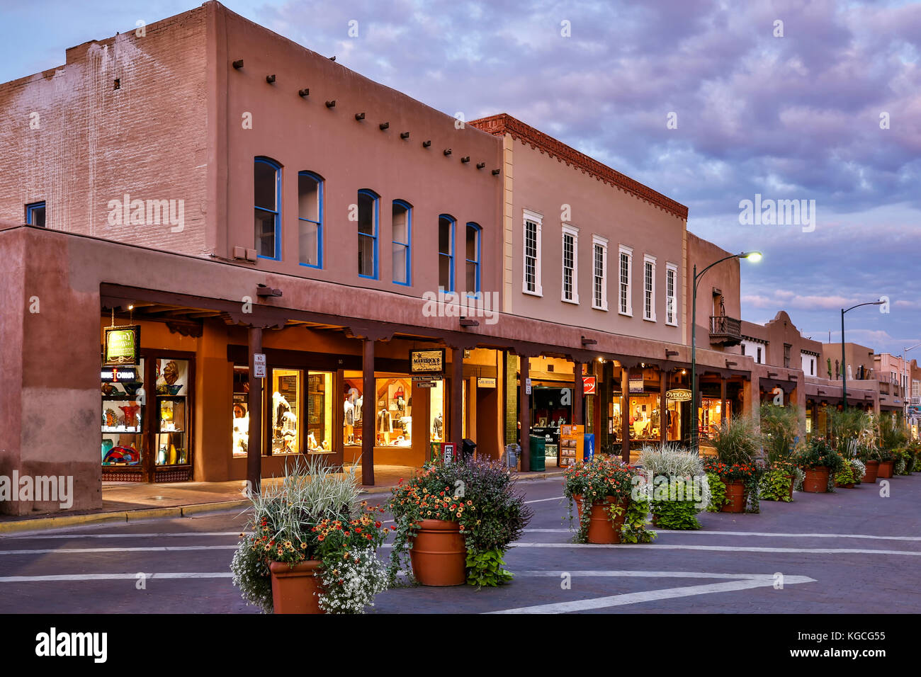 Shops, stores and flower pots, Santa Fe, New Mexico USA Stock Photo