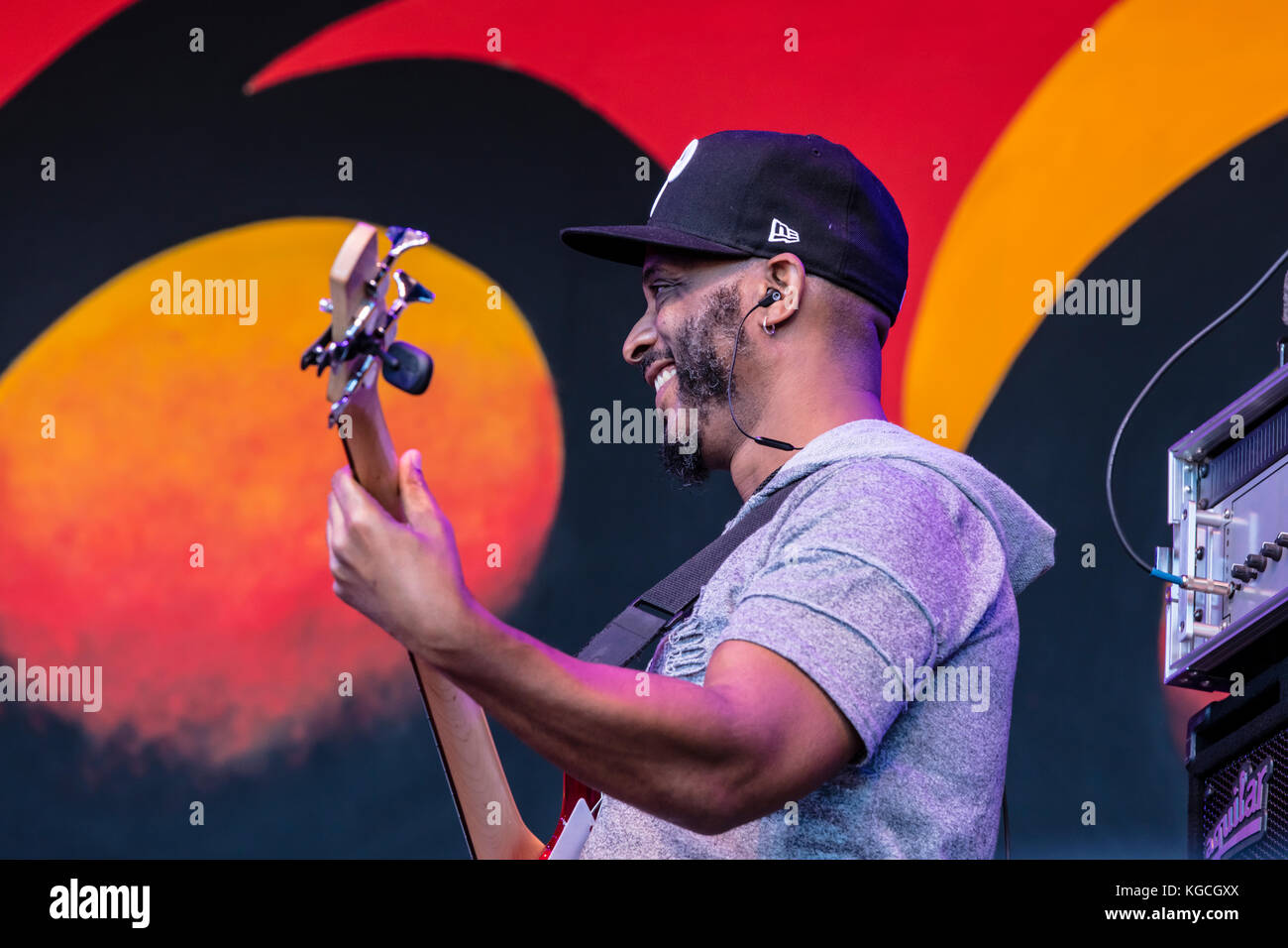 CLAY SEARS on guitar for ip hop artist COMMON pr- 60th MONTEREY JAZZ FESTIVAL, CALIFORNIA Stock Photo