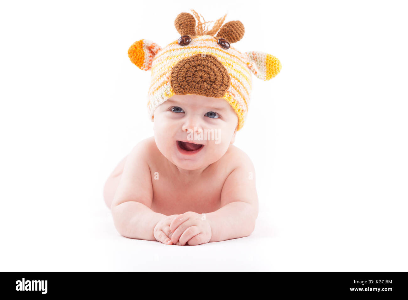 cute happy baby boy in diaper and deer hat Stock Photo - Alamy