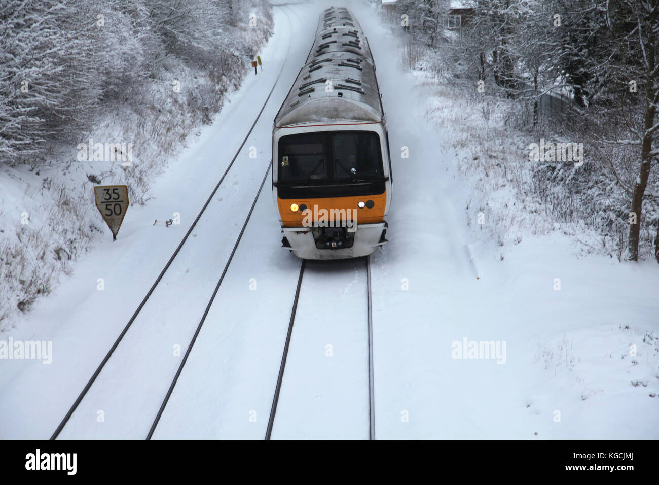 Train in the snow Stock Photo
