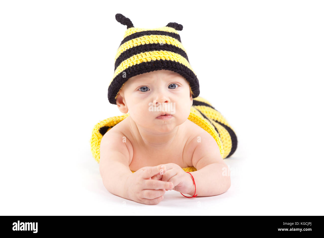 cute attractive baby boy in bee costume lies on tummy Stock Photo Alamy
