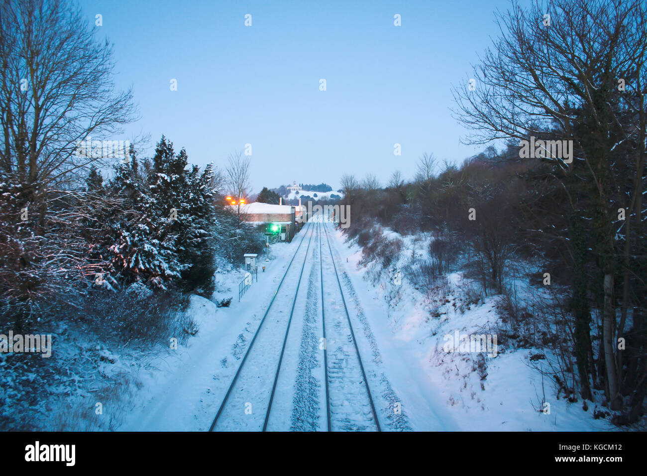 Snow on train tracks Stock Photo
