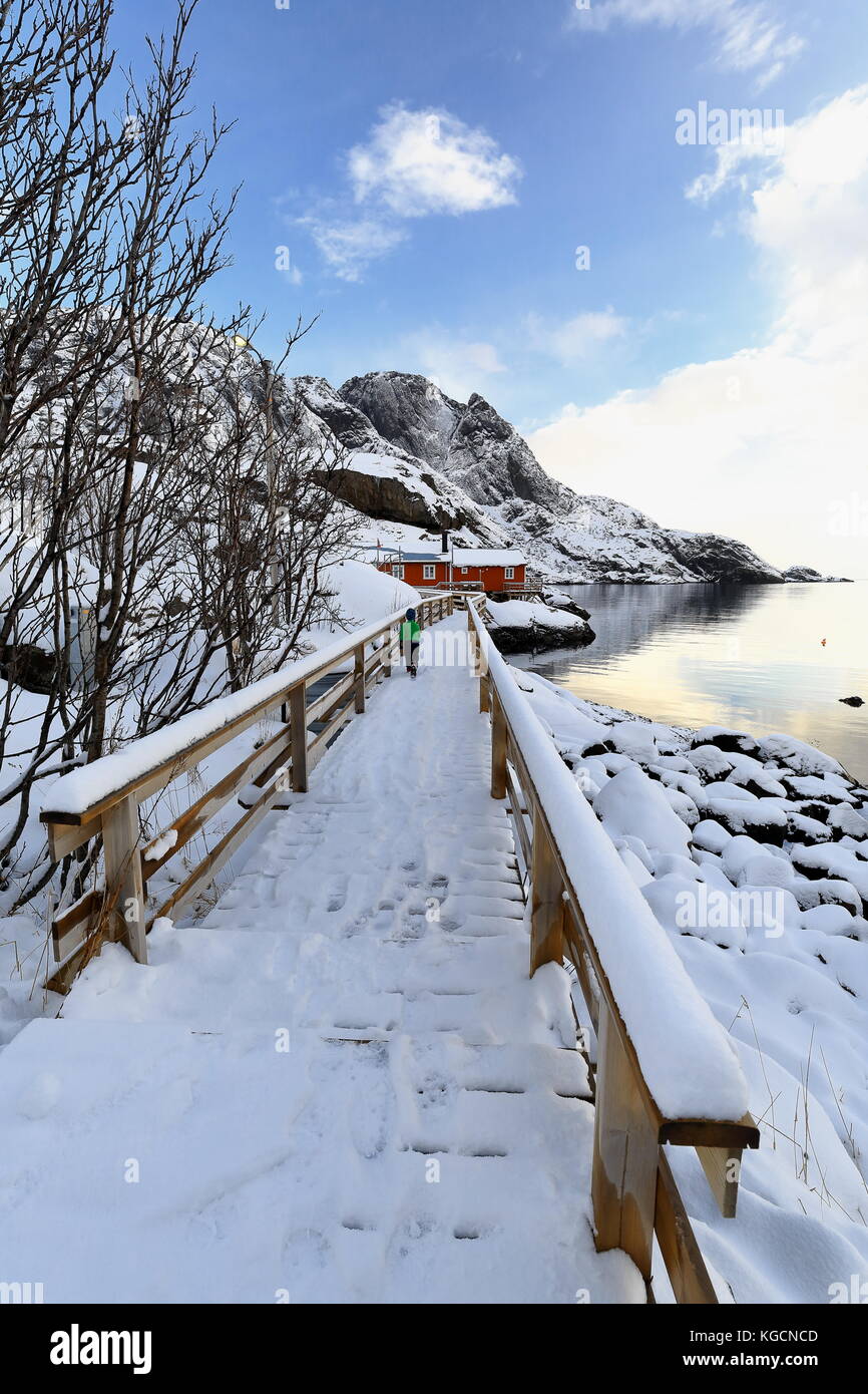 Snow covered plank gangway leading to red rorbuer-wooden traditional fishing huts now for tourist use in the Vika area to the S.of Nusfjord fishing vi Stock Photo