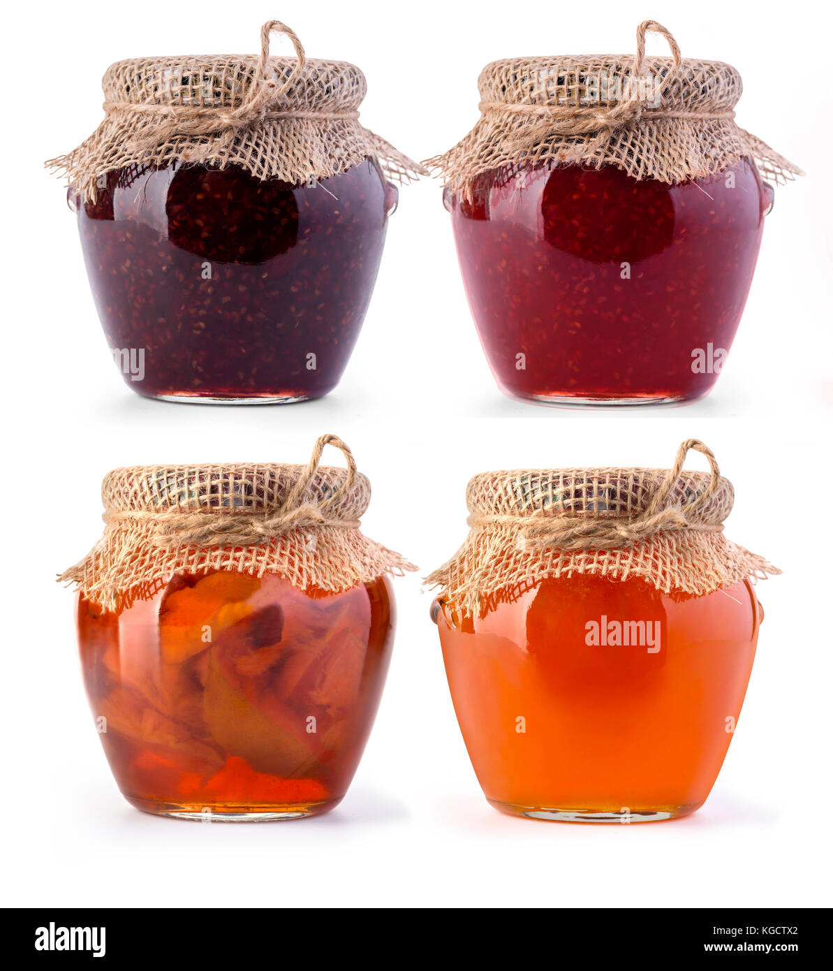 Three jar of jam and honey on white background Stock Photo Alamy
