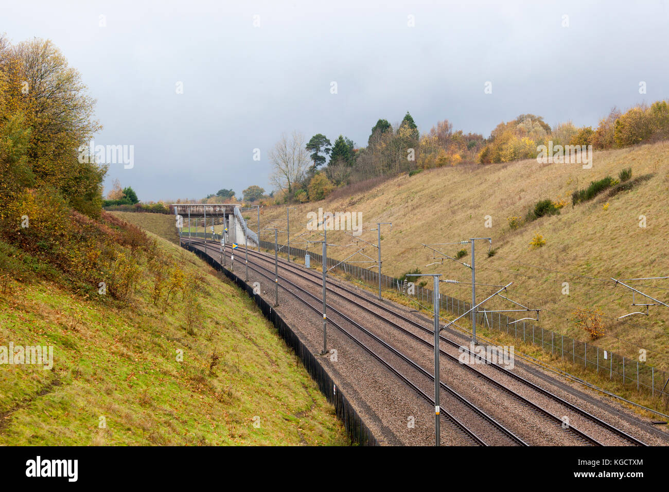 railway cutting on a dull autumn day Stock Photo