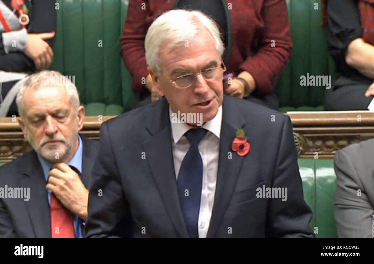 Shadow chancellor John McDonnell asks an urgent question in the House of Commons, London, regarding the Paradise Papers leak of secret documents. Stock Photo