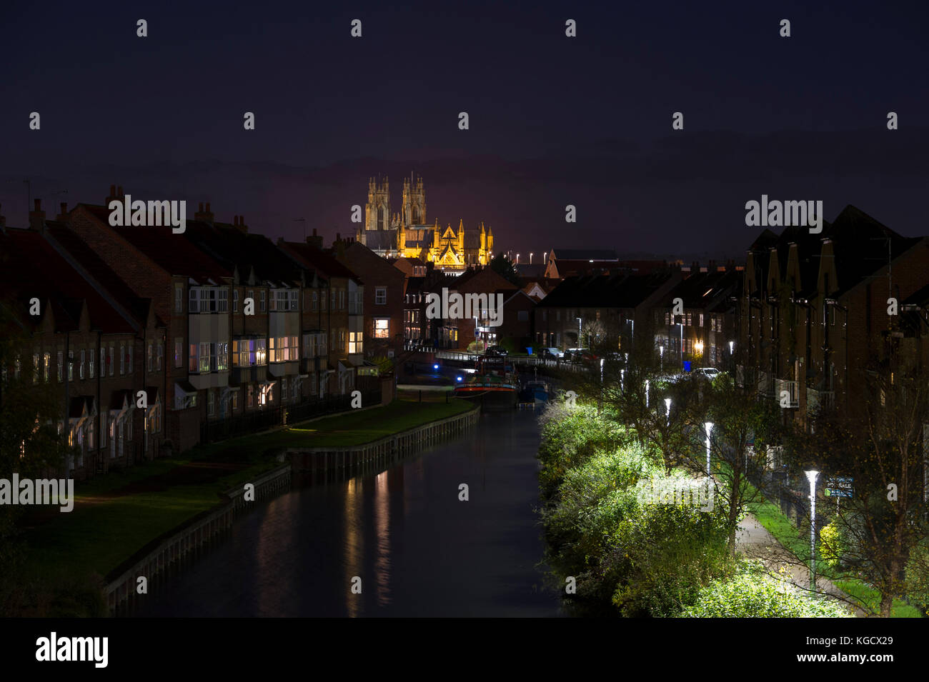 A night time view towards the illuminated Beverley Minster in the market town of Beverley, East Yorkshire Stock Photo