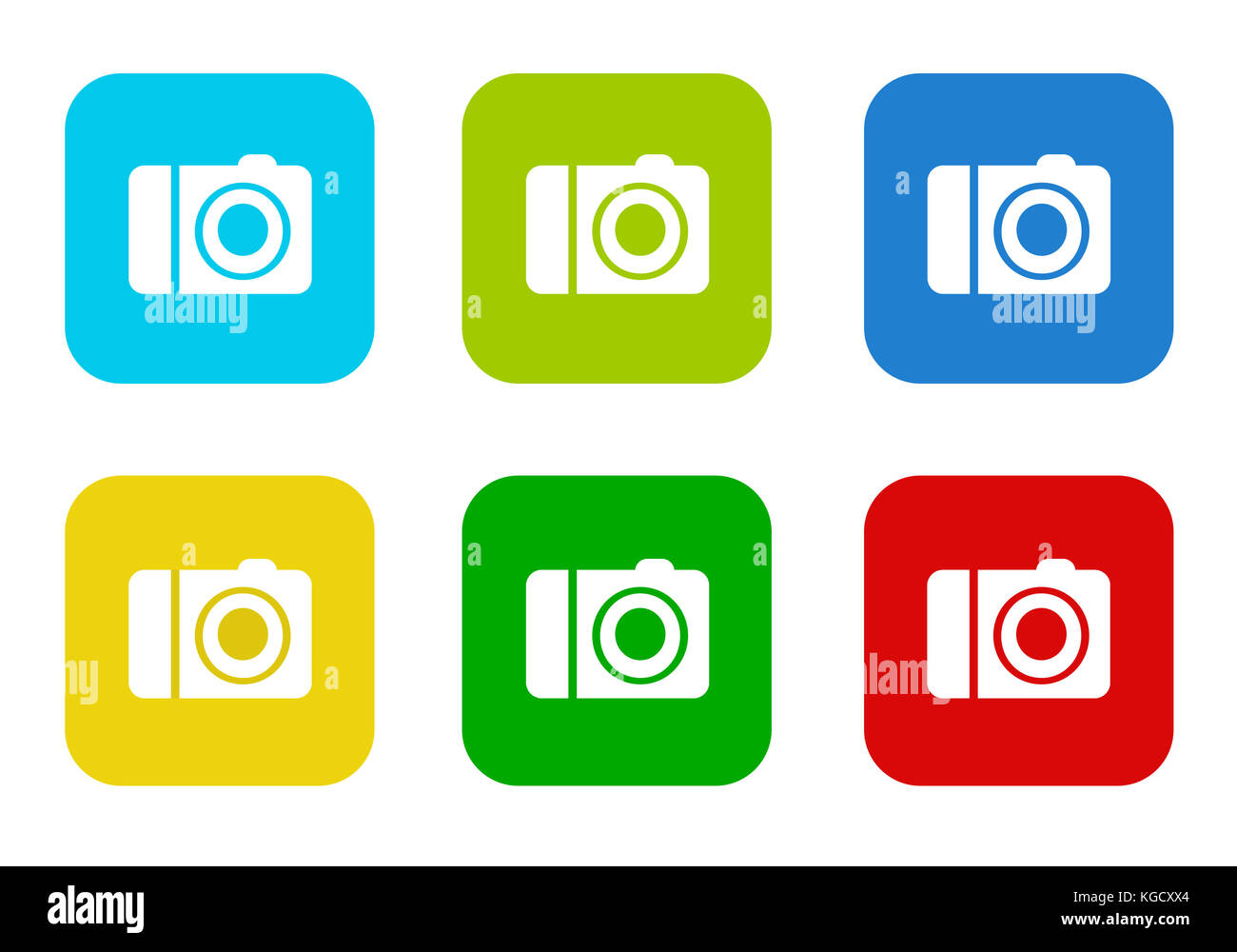 Set of rounded square colorful flat icons with camera symbol in blue ...