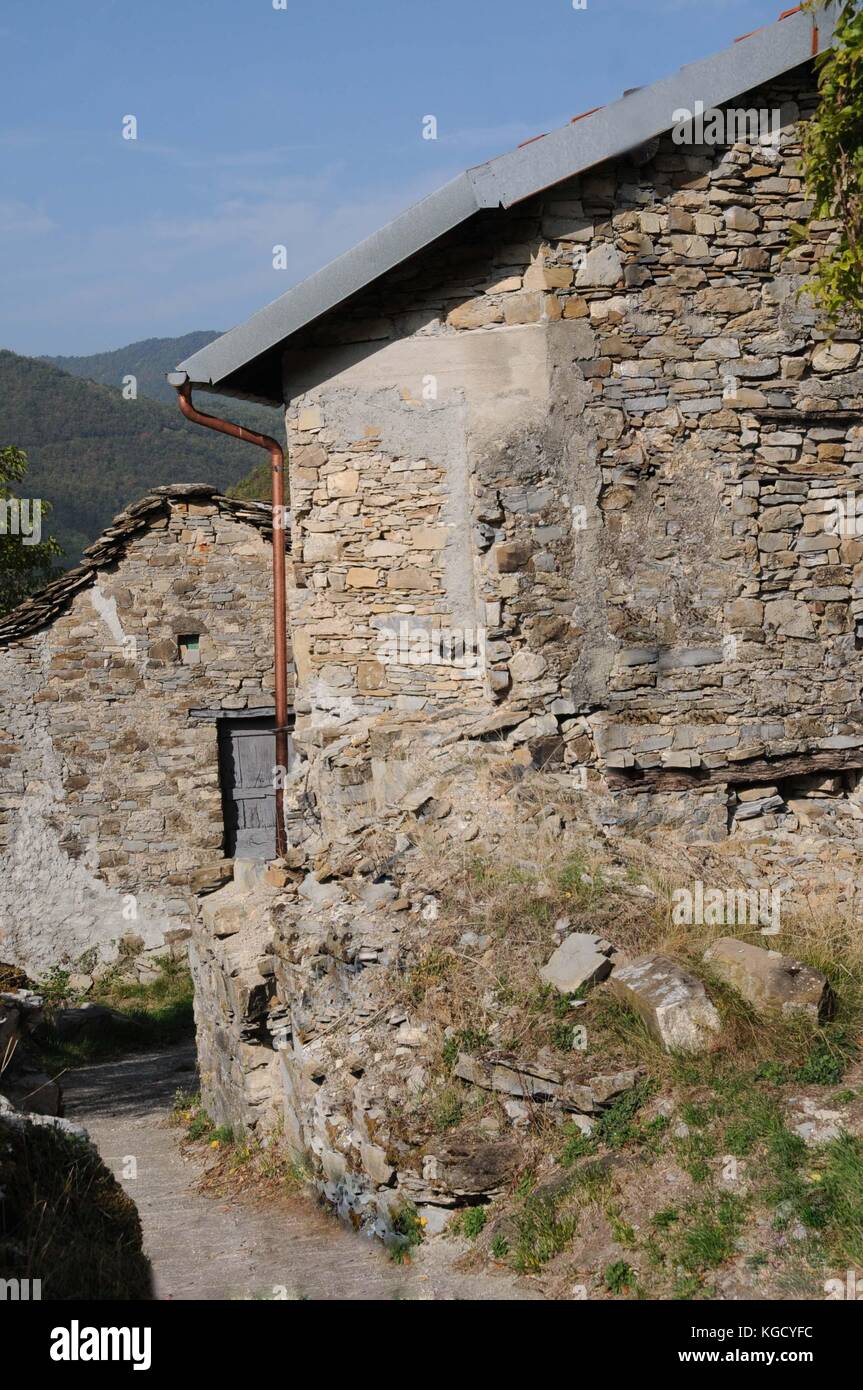 Drystone wall village of Connio, Carrega Ligure, Piedmont, Italy Stock