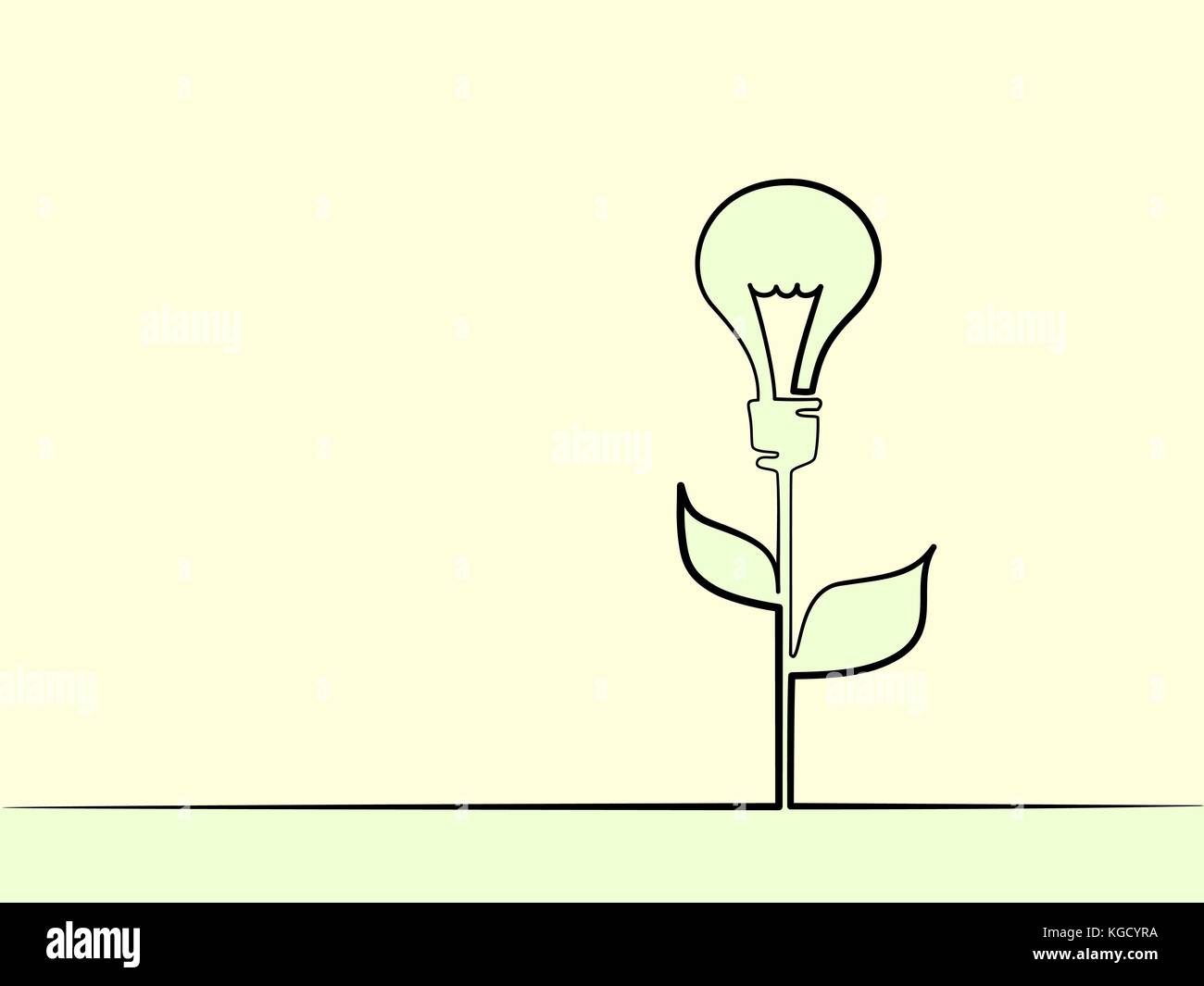 Continuous line drawing. Electic light bulb illuminated on stem of plant with leaves. Eco idea metaphor. Vector illustration Stock Vector