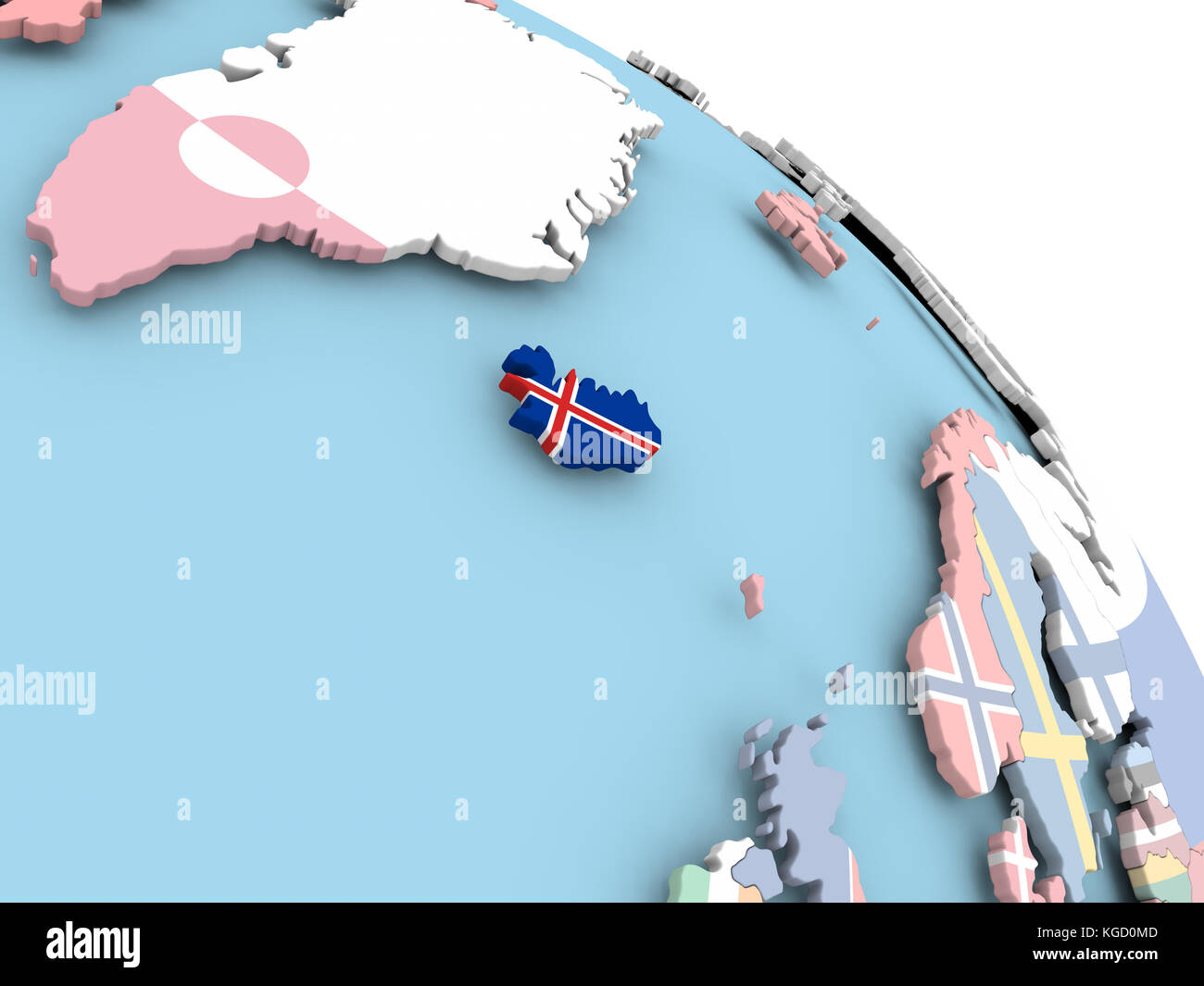 3D render of Iceland with flag on bright globe. 3D illustration Stock ...