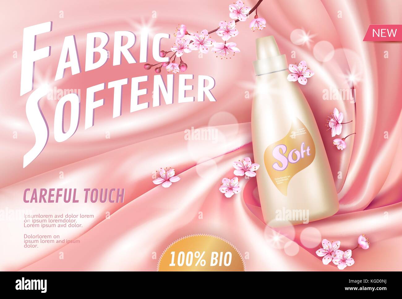 Sakura flower fabric softener promotional poster template. Pink petal blossom japanese branch aroma. Golden pink package realistic 3d silk soft satin background vector illustration Stock Vector