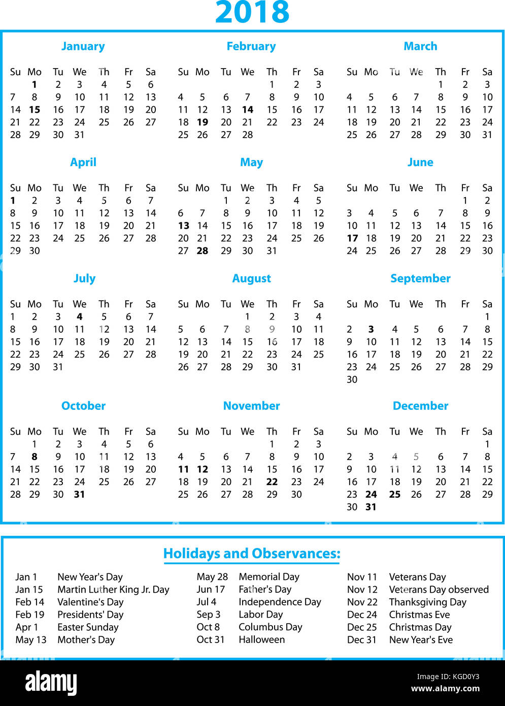 2018 Calendar with Holidays Color Stock Photo