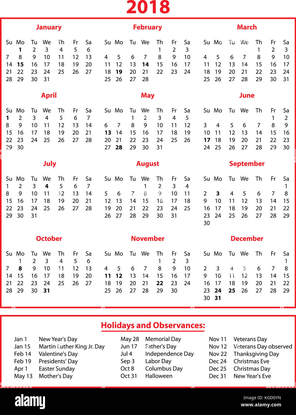 2018 Calendar with Holidays.  Red and black ink. Stock Photo