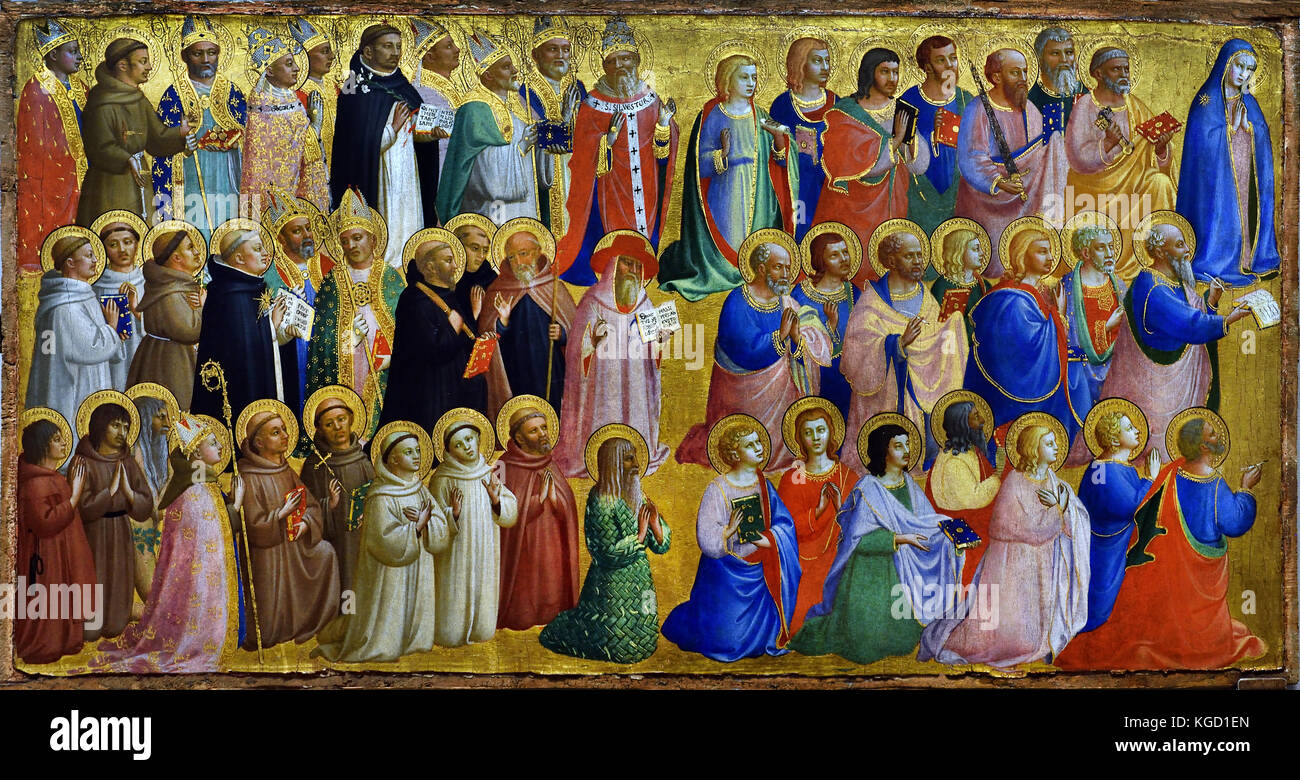 The Virgin Mary with the Apostles and Other Saints 1423  , Fra Angelico ( Guido di Pietro 1395 – 1455 ) was an Early Italian Renaissance painter Italy (  Fiesole San Domenico Altarpiece ) Stock Photo