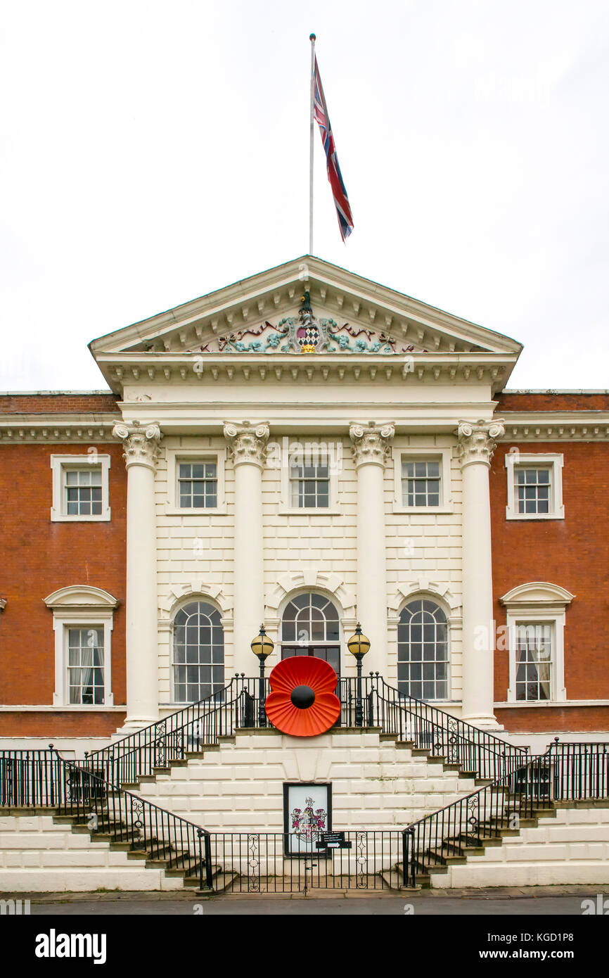 Warrington Town Hall with large poppy at the top of the steps Stock Photo