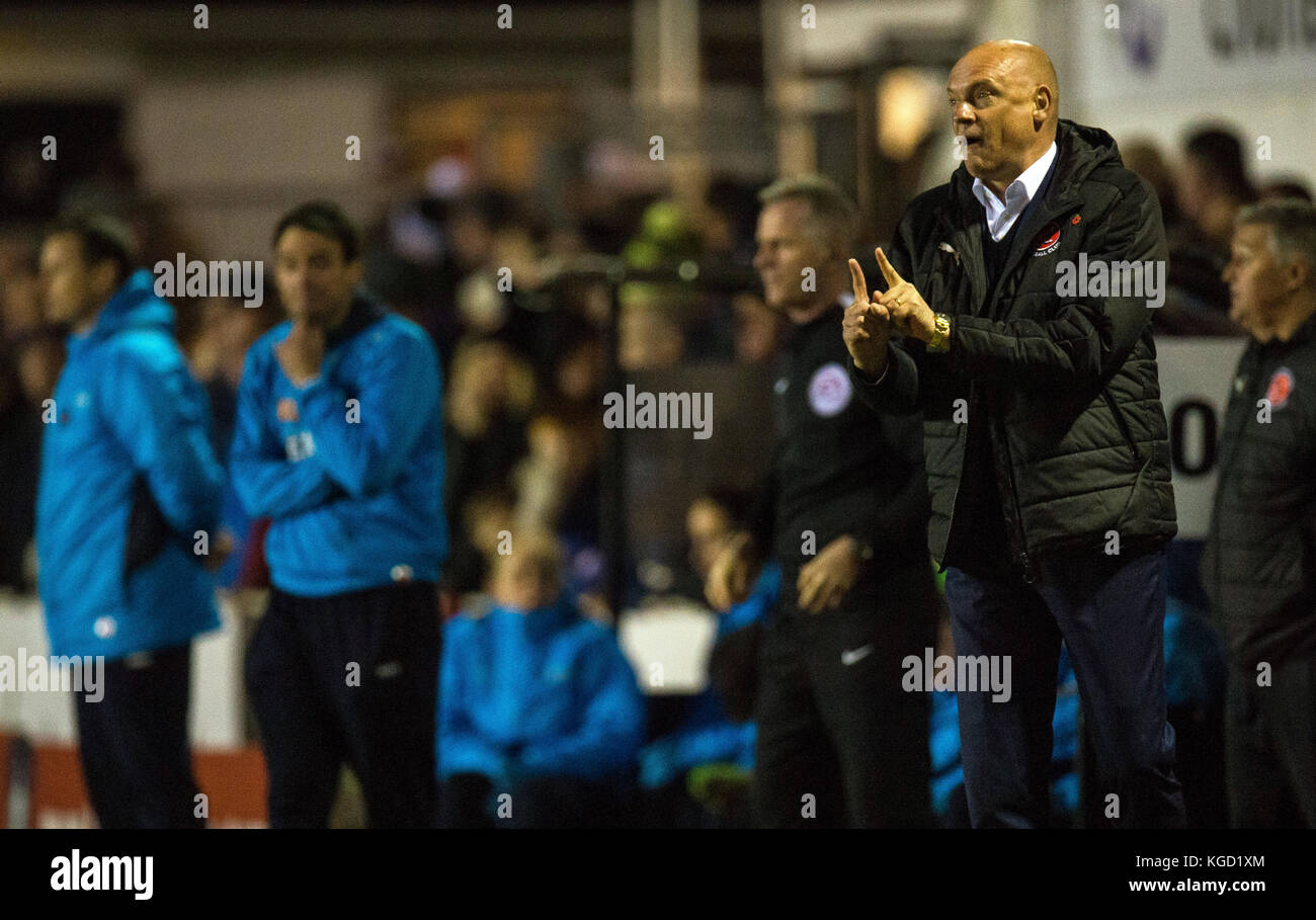 Fleetwood's manager Uwe Rosler reacts during the Emirates FA Cup, First Round match at Victory Park, Chorley. Stock Photo