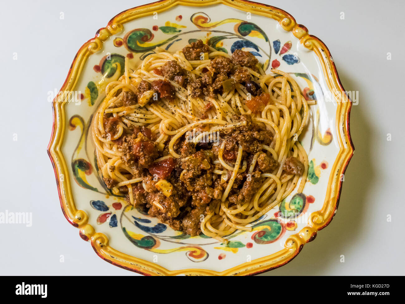 Spaghetti Bolognese in an ornate Italian pasta bowl Stock Photo Alamy