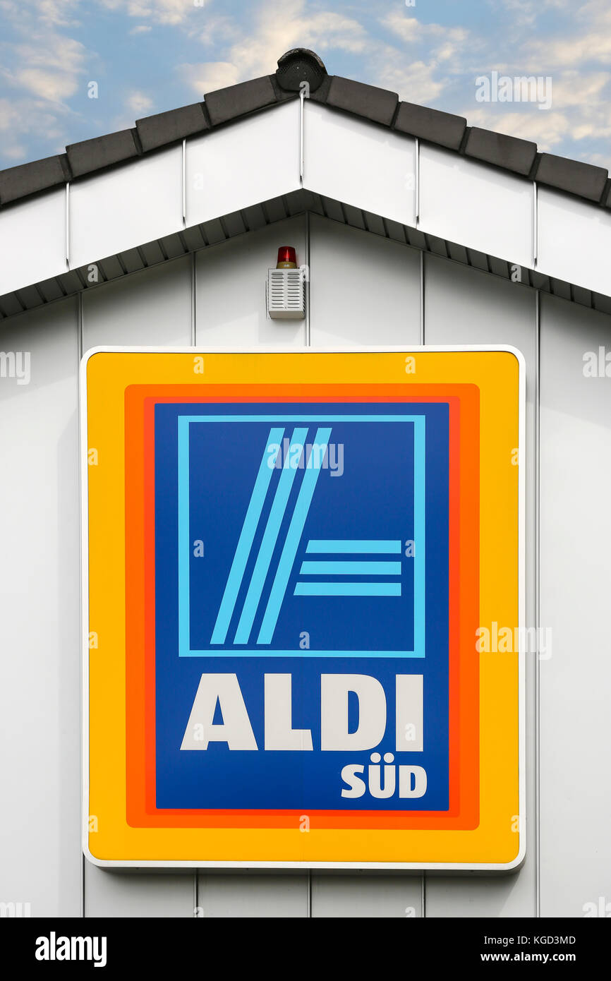 LINDEN, GERMANY JULY, 2017 ALDI (south)supermarket chain sign. ALDI