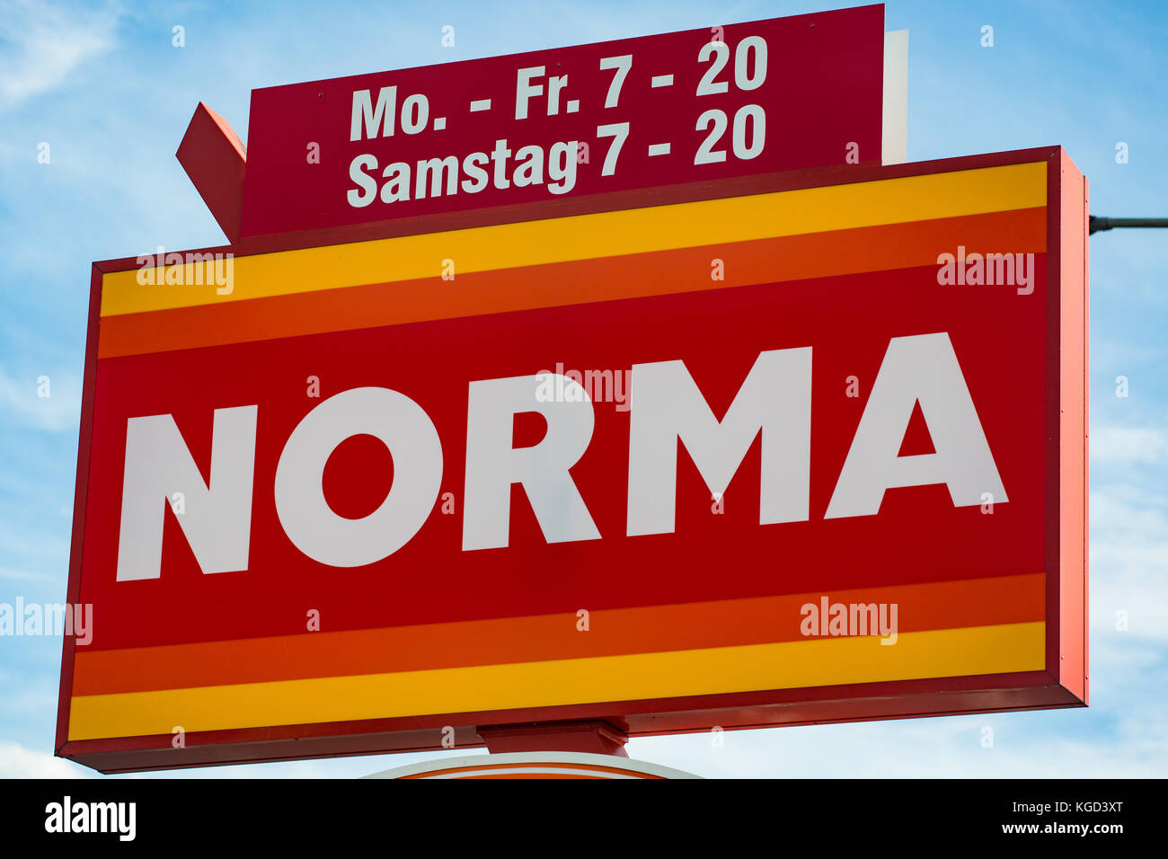 GIESSEN, GERMANY MAY, 2017: NORMA supermarket chain sign. NORMA is a GERMAN global discount supermarket chain, Stock Photo