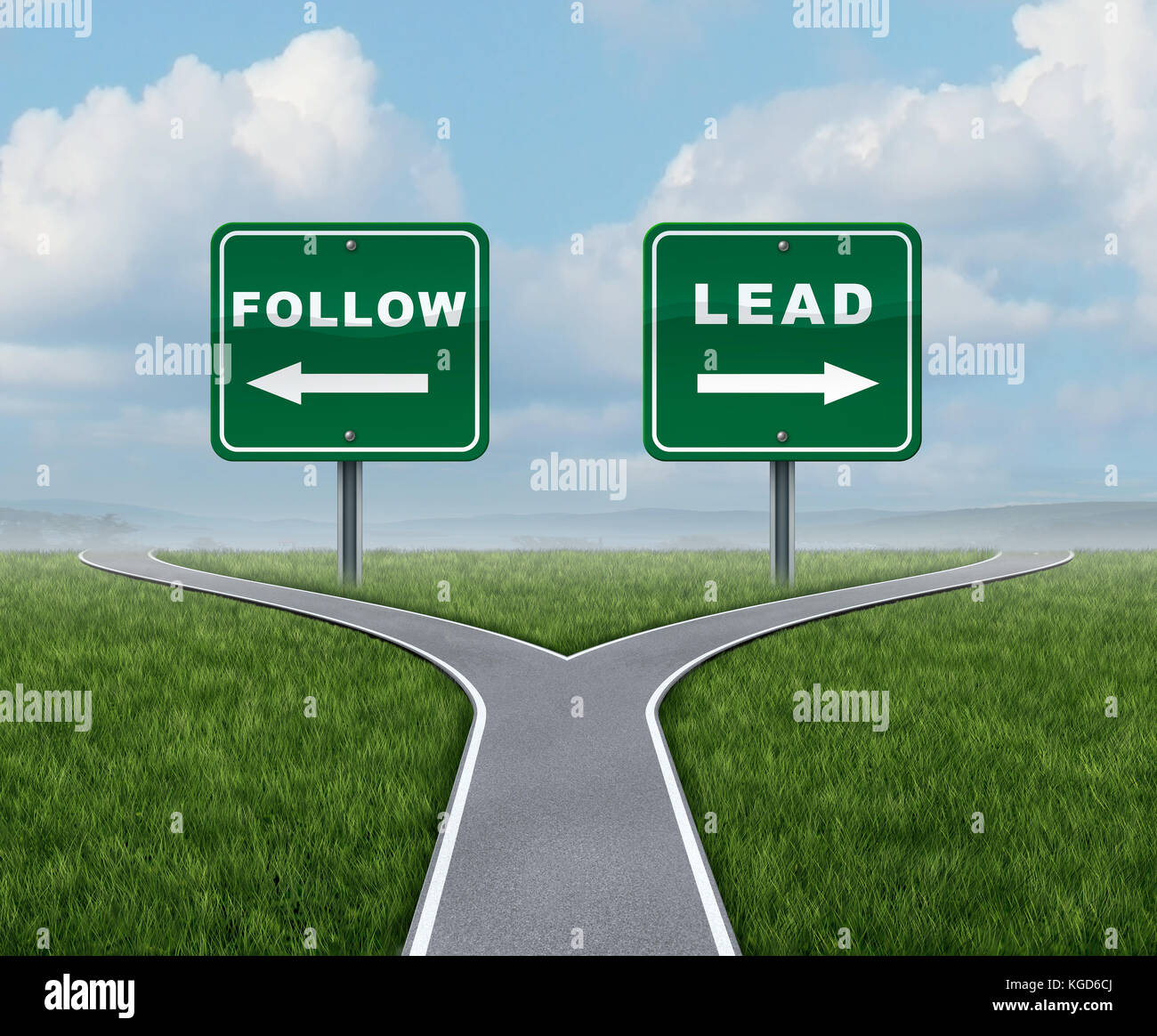 Follow lead choice as a business concept choosing between being a leader or follower with 3d render elements. Stock Photo