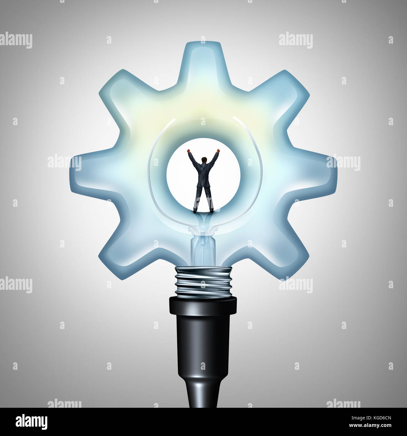 Business creative energy and bright industry idea concept as a businessman standing on a light bulb shaped as a machine gear. Stock Photo