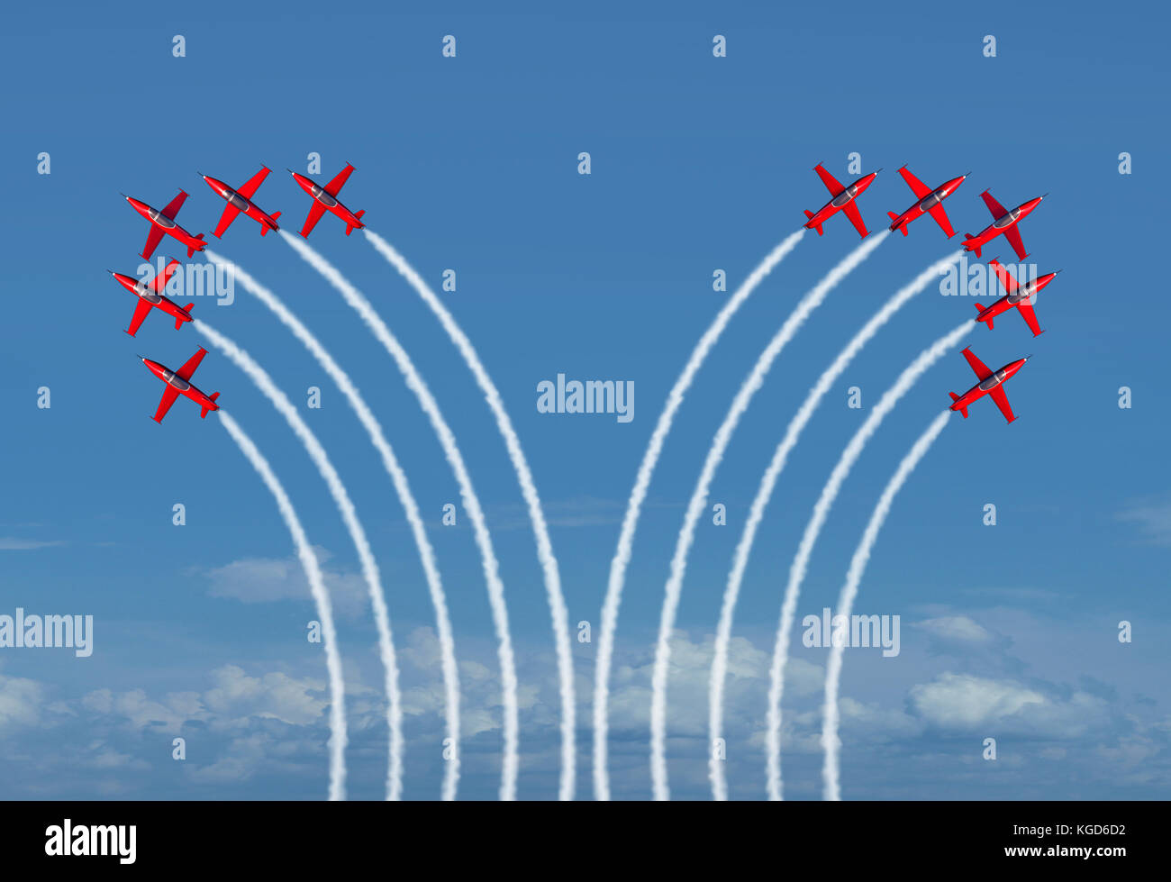 Divided group concept as a business metaphor for disagreement and parting ways as two groups of jet airplanes bending away. Stock Photo