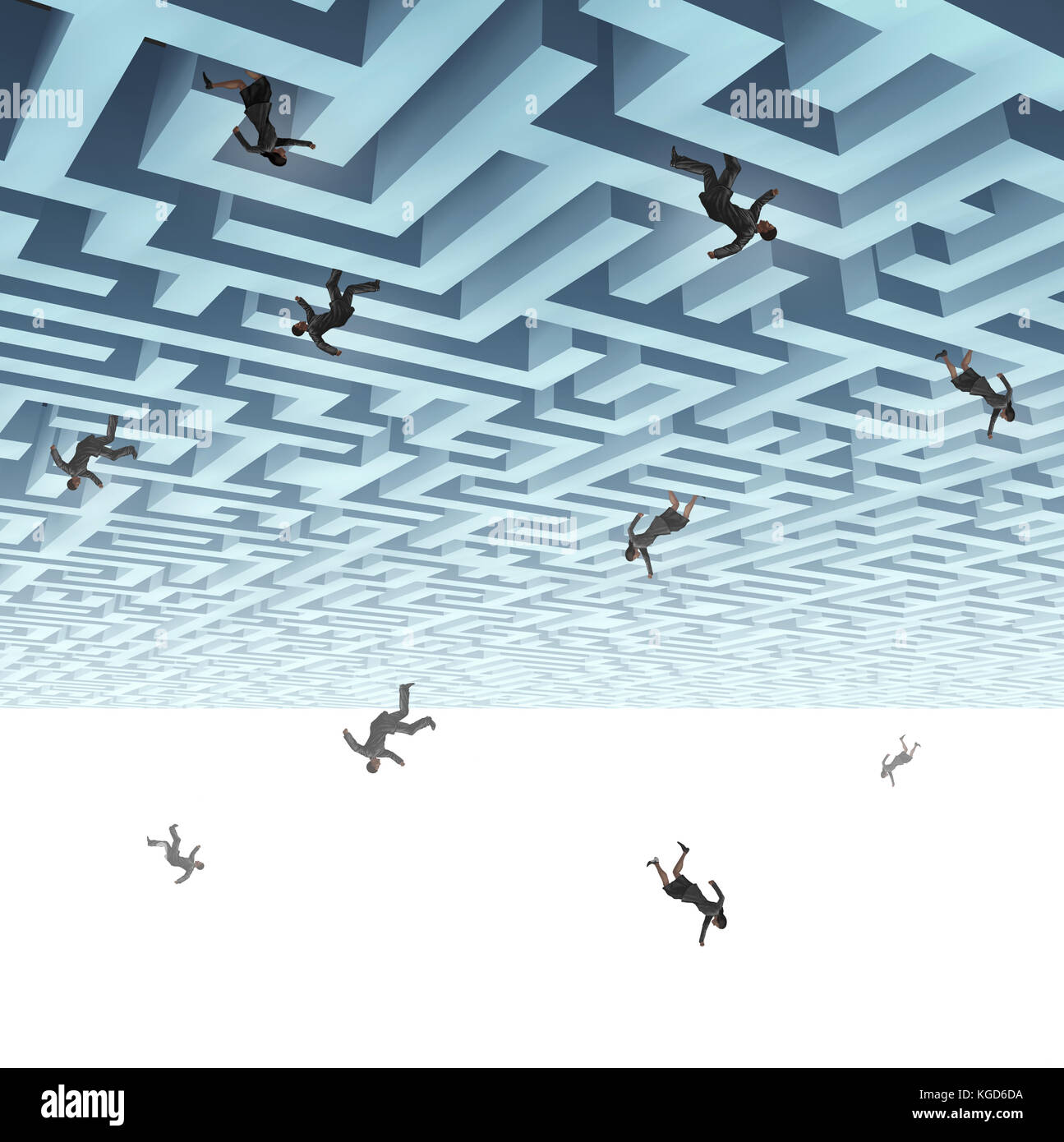Falling down business people and economic turmoil metaphor as a group of businesswomen and businessman plunging from a maze with 3D render elements. Stock Photo